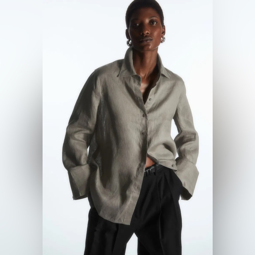 Cos Wide Sleeved Linen Shirt in Stone, Size 6
